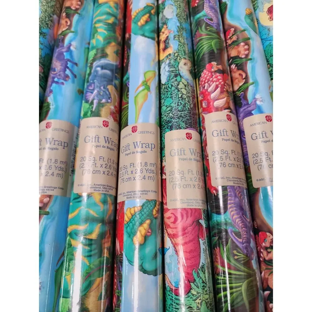 Vtg Lot 9 Dinosaur Roll Wrapping Paper American Greetings 20 Sq Ft Each